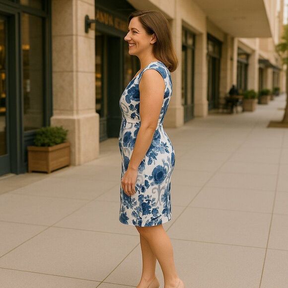 Connected Apparel Dress Size 10 Lined, White and Blue Floral Print - Picture 3 of 6
